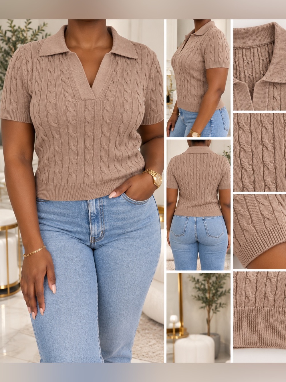 Classic Cable Knit Polo Sweater - Taupe